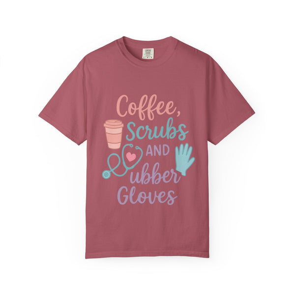 Coffee, Scrubs, and Rubber Gloves Unisex T-Shirt - Perfect Gift for Nurses, Healthcare Workers, Medical Professionals, Fun Medical Shirt,