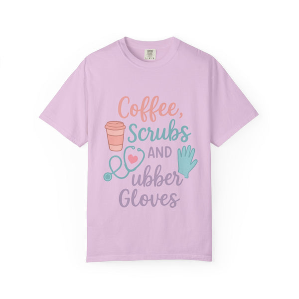 Coffee, Scrubs, and Rubber Gloves Unisex T-Shirt - Perfect Gift for Nurses, Healthcare Workers, Medical Professionals, Fun Medical Shirt,