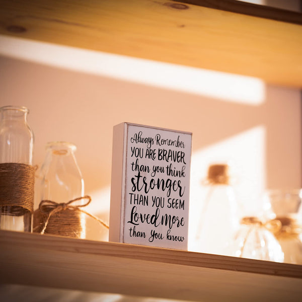 WILLBOND Inspirational Wooden Box Sign Desk Decor Gift Always Remember You Are Braver Than You Think Desk Sign, Farmhouse Wall Plaque for Home and Office Cheer up Gift for Women Men(White Backing)