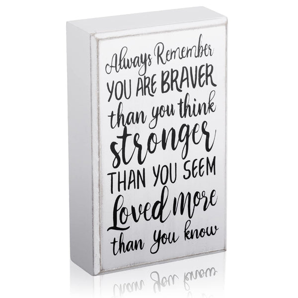 WILLBOND Inspirational Wooden Box Sign Desk Decor Gift Always Remember You Are Braver Than You Think Desk Sign, Farmhouse Wall Plaque for Home and Office Cheer up Gift for Women Men(White Backing)