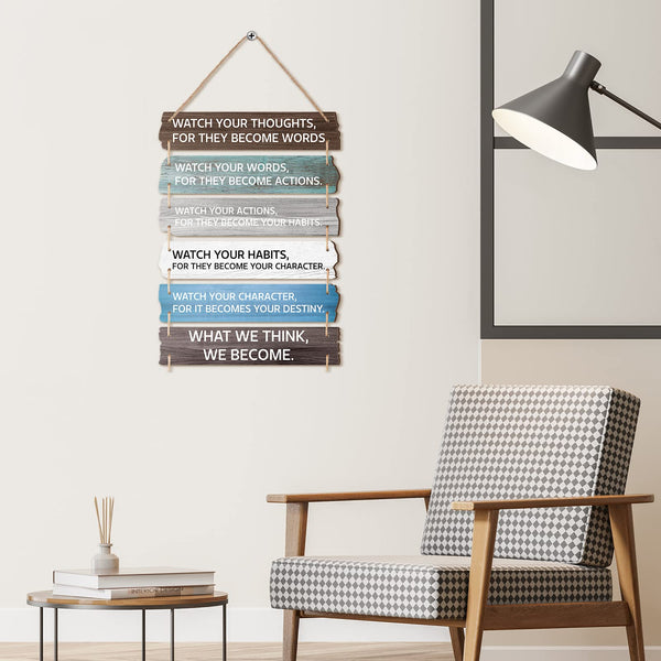 6 Pcs Inspirational Wall Art Decor for Office Watch Your Thoughts Wooden Hanging Motivational Wall Decor Rustic Positive Quotes Plaques for Classroom Home Bedroom Kitchen Living Room(Classic Style)