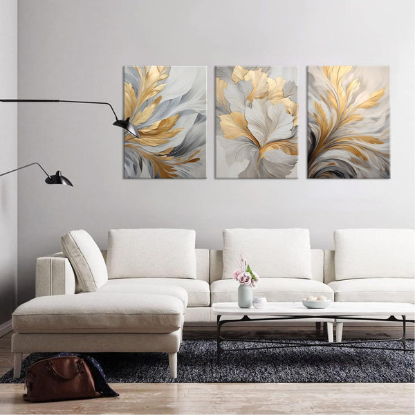3Pcs Modern Abstract Golden White Leaves Canvas Wall Art Neutral Botanical Wall Decor Pictures Luxury Posters Prints for Living Room Bedroom Office Home Decorations, 12x16in