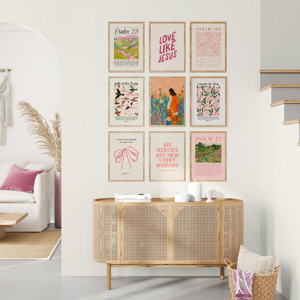 9pcs Christian Wall Art Bundle in Pink Bible Verse Paintings Pictures Wall decor Jesus Poster Printing Artworkfor Girls Room Christian Housewarming Gift Fashionable college style Home Decoration