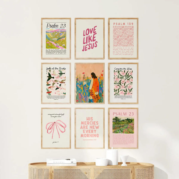 9pcs Christian Wall Art Bundle in Pink Bible Verse Paintings Pictures Wall decor Jesus Poster Printing Artworkfor Girls Room Christian Housewarming Gift Fashionable college style Home Decoration