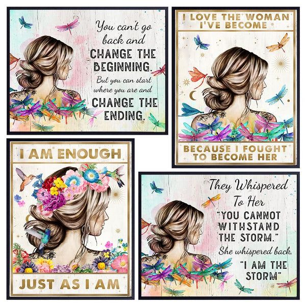positive Affirmations Boho Wall Decor - I Am Enough Inspirational Quotes for Women - She Whispered Back I Am The Storm Wall Art Set - Women's empowerment Dragonfly Motivational poster for Woman, Girl