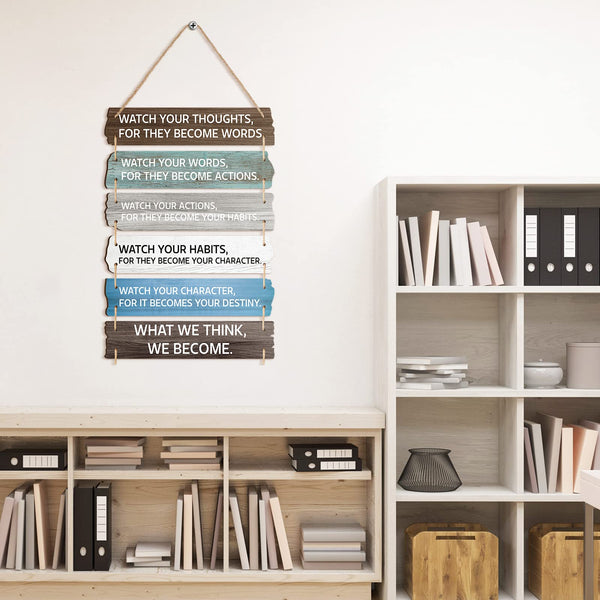 6 Pcs Inspirational Wall Art Decor for Office Watch Your Thoughts Wooden Hanging Motivational Wall Decor Rustic Positive Quotes Plaques for Classroom Home Bedroom Kitchen Living Room(Classic Style)