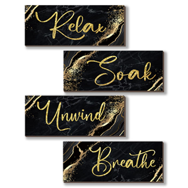 ONIZHITY 4 Pcs Black and Gold Bathroom Decor Black Gold Wall Decor Relax Soak Unwind Breathe Wooden Rustic Marble Style Bathroom Accessories for Bedroom Living Room Decor Kitchen(10X4)