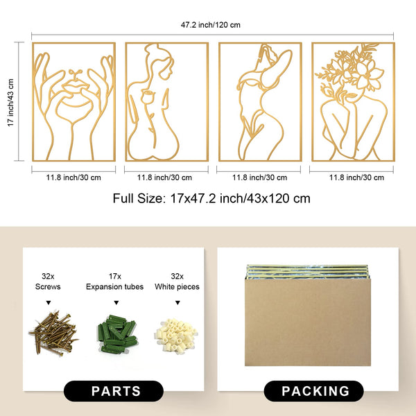 Glamativity 4 Pack Gold Wall Art Decor, Minimalist Single Line Real Metal Wall Art, Woman's Body Shape Abstract Wall Art (Gold Classic Style, 17 x 11.8'')