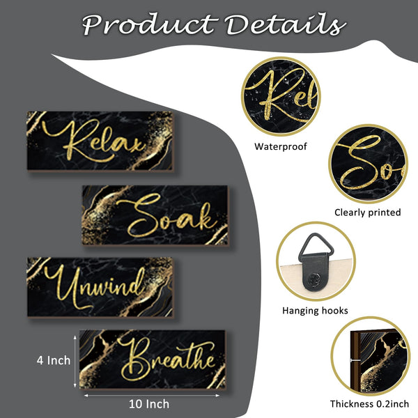 ONIZHITY 4 Pcs Black and Gold Bathroom Decor Black Gold Wall Decor Relax Soak Unwind Breathe Wooden Rustic Marble Style Bathroom Accessories for Bedroom Living Room Decor Kitchen(10X4)