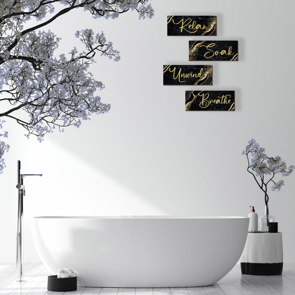 ONIZHITY 4 Pcs Black and Gold Bathroom Decor Black Gold Wall Decor Relax Soak Unwind Breathe Wooden Rustic Marble Style Bathroom Accessories for Bedroom Living Room Decor Kitchen(10X4)