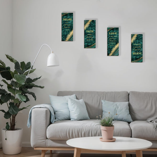 ONIZHITY 4 Pcs Green Gold Bathroom Decor Green Gold Wall Decor with Dreams Faith Love Believe Wooden Rustic Marble Style Versatile Bathroom Accessories for Bedroom Living Room(10X4)