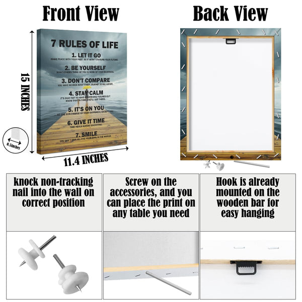 7 Rules of Life Framed Canvas Wall Art, Inspirational Quotes Decor Wall Painting, Motivational Picture Home Decor for Living Room Bedroom Office Classroom, 11.4"x15"