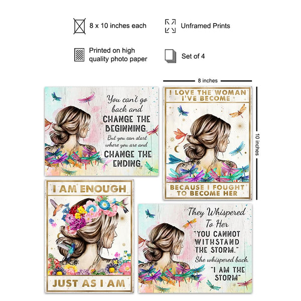 positive Affirmations Boho Wall Decor - I Am Enough Inspirational Quotes for Women - She Whispered Back I Am The Storm Wall Art Set - Women's empowerment Dragonfly Motivational poster for Woman, Girl