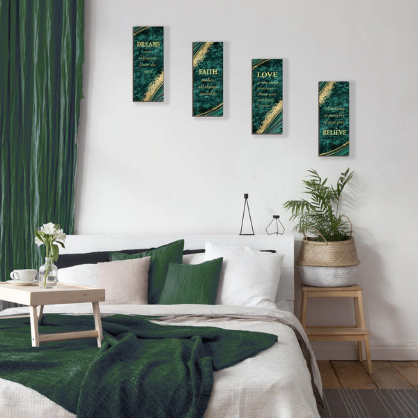 ONIZHITY 4 Pcs Green Gold Bathroom Decor Green Gold Wall Decor with Dreams Faith Love Believe Wooden Rustic Marble Style Versatile Bathroom Accessories for Bedroom Living Room(10X4)