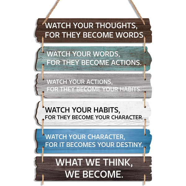 6 Pcs Inspirational Wall Art Decor for Office Watch Your Thoughts Wooden Hanging Motivational Wall Decor Rustic Positive Quotes Plaques for Classroom Home Bedroom Kitchen Living Room(Classic Style)
