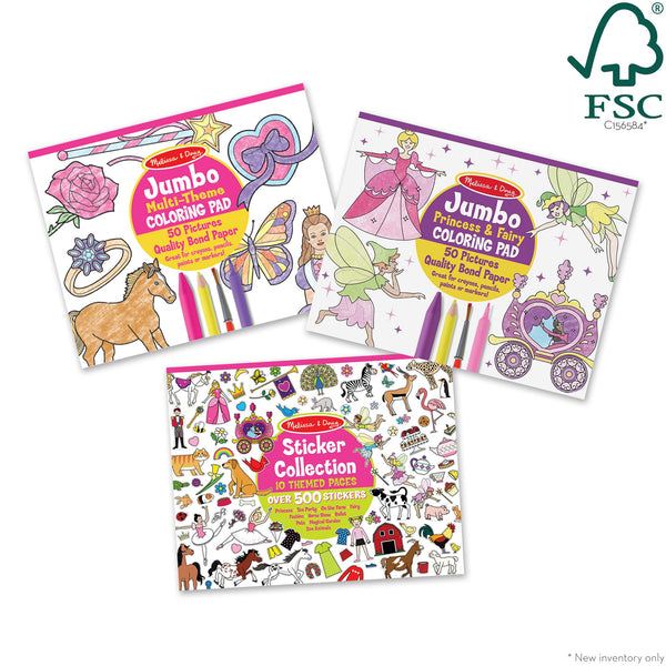 Melissa & Doug Sticker Collection and Coloring Pads Set: Princesses, Fairies, Animals, and More Kids Arts and Crafts, Sticker Books, Coloring Books for Kids Ages 3+ - FSC Certified