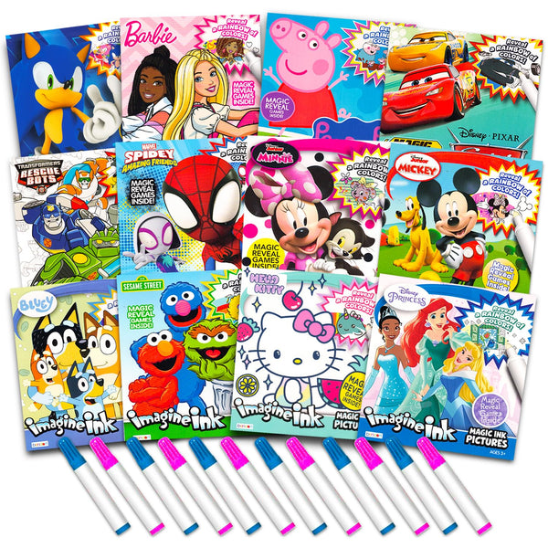 12 Mess Free Imagine Ink Coloring Book Set for Kids - Bulk Bundle with 12 No Mess Coloring Books (Sonic, Bluey, Mickey, Minnie, Spidey, Peppa Pig)