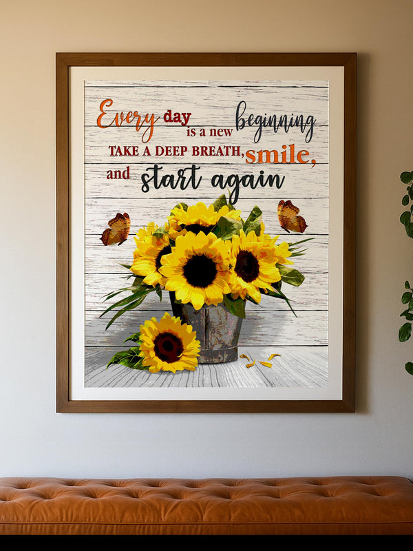 AMERICAN LUXURY GIFTS Every Day Is A New Beginning - Sunflower Motivational Wall Decor - Inspirational Quotes Art for Office Decor, Living Room, Bedroom - 11x14 Unframed Print