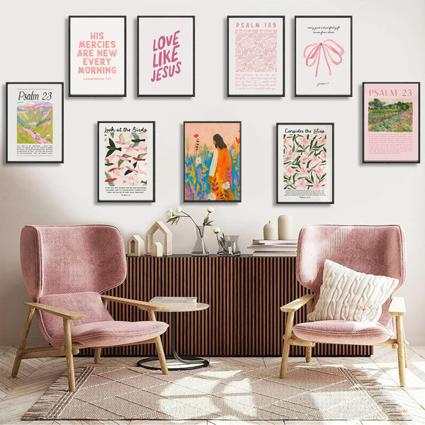 9pcs Christian Wall Art Bundle in Pink Bible Verse Paintings Pictures Wall decor Jesus Poster Printing Artworkfor Girls Room Christian Housewarming Gift Fashionable college style Home Decoration
